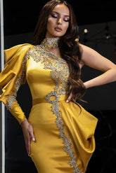 Elegant Yellow Halter Mermaid Evening Gown with One Shoulder Long Sleeve and Beadings